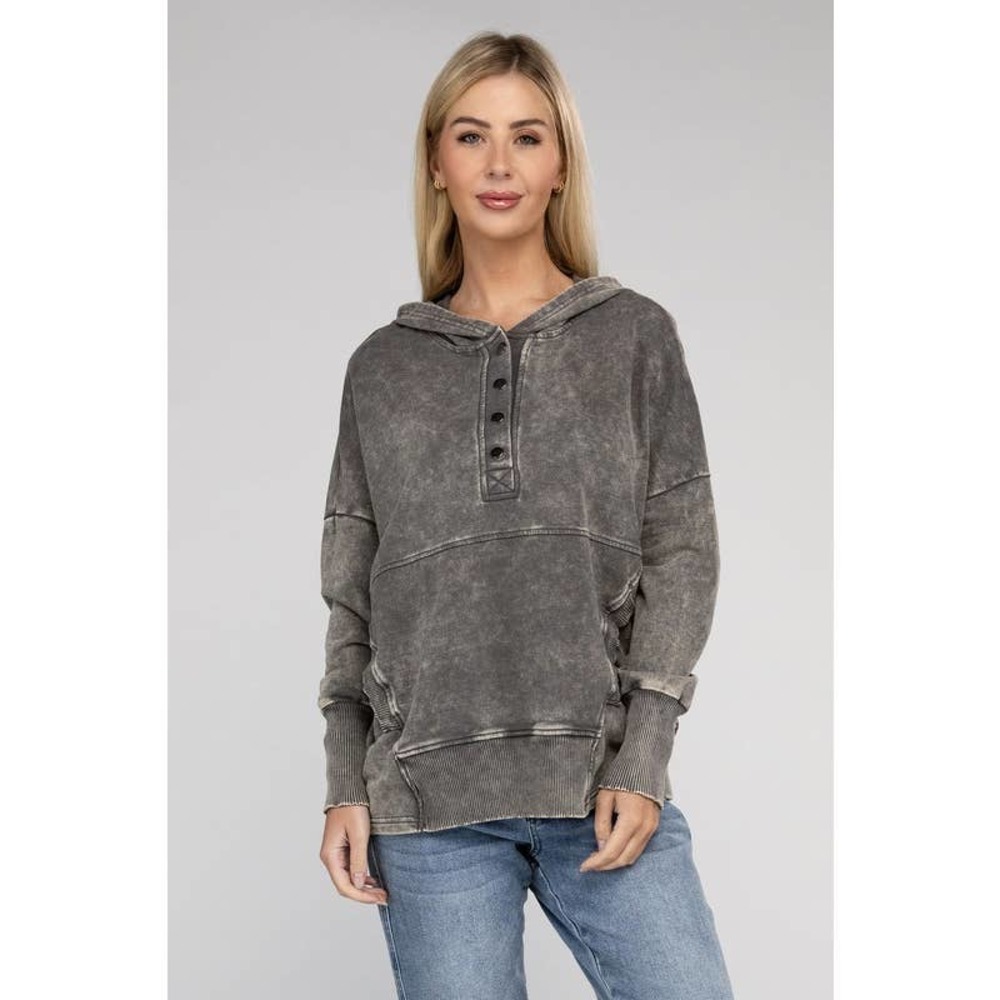 ZENANA French Terry Acid Wash Kangaroo Pocket Hoodie Sweatshirt in Mocha Grey - Picture 5 of 9
